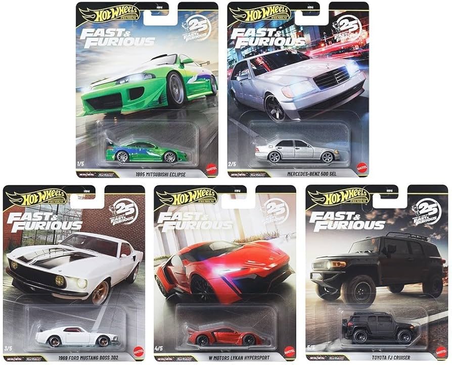 Hot Wheels Premium Fast & Furious 25th Anniversary Die-Cast Cars, Set of 5,, HNW46-956N